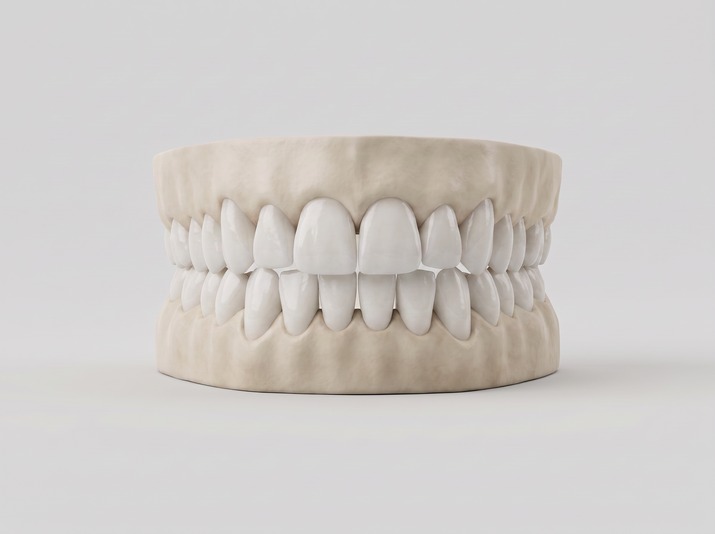 The same dental arch restored with bright, aligned, healthy ceramic restorations